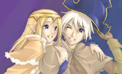 1boy 1girl 2000s_(style) bard_(ragnarok_online) bicorne blonde_hair blue_background blue_eyes blue_hat brown_cape brown_shirt cape character_name commentary completion_time english_commentary fur-trimmed_cape fur_trim grin hair_between_eyes hat hug layered_sleeves long_hair long_sleeves looking_at_viewer nancy_teeple pointy_ears purple_background ragnarok_online shirt short_hair short_over_long_sleeves short_sleeves smile tiara upper_body white_hair wizard_(ragnarok_online)