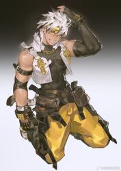 Rule 34 | 1boy, abs, arknights, black shirt, cador (arknights), chinese commentary, colored tips, commentary request, gradient background, grin, highres, kneeling, looking at viewer, male focus, ming feng (disx sleep), multicolored hair, muscular, muscular male, pants, pectorals, shirt, sleeveless, sleeveless shirt, smile, vest, watermark, weibo watermark, white vest, yellow pants