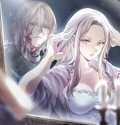1boy 1girl arms_up blonde_hair blood blood_in_hair blood_on_clothes blood_on_face blood_splatter blue_eyes blurry breasts candle cleavage closed_mouth collarbone couple dappled_sunlight dated_commentary depth_of_field dimitri_alexandre_blaiddyd dimitri_alexandre_blaiddyd_(timeskip) edelgard_von_hresvelg edelgard_von_hresvelg_(timeskip) fire_emblem fire_emblem:_three_houses fur_trim hair_between_eyes hands_in_own_hair highres indoors light_particles long_hair looking_down looking_to_the_side medium_breasts mirror nintendo open_clothes parted_bangs parted_lips pink_lips purple_eyes reflection shade shirt short_hair sitting sleeves_rolled_up soma_otakuu standing sunlight white_hair white_shirt
