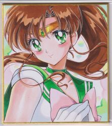 bishoujo_senshi_sailor_moon brown_hair choker collarbone earrings flower_earrings gem green_choker green_eyes green_gemstone green_sailor_collar highres jewelry kino_makoto lips looking_at_viewer own_hands_together parted_bangs ponytail sailor_collar sailor_jupiter sailor_senshi_uniform smile swept_bangs traditional_media user_kztc4472