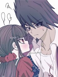 Rule 34 | 1boy, 1girl, black hair, blunt bangs, brown hair, danganronpa (series), danganronpa v3: killing harmony, eye contact, facial hair, goatee, hair ornament, hair scrunchie, harukawa maki, highres, long hair, looking at another, low twintails, momota kaito, print shirt, red eyes, red scrunchie, red shirt, sailor collar, satori (aosky9077), scrunchie, shirt, twintails, white shirt