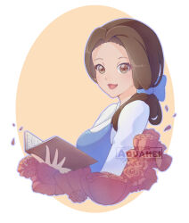 1girl absurdres animification aquamei beauty_and_the_beast_(disney) belle_(disney) book brown_eyes brown_hair dress flower highres holding long_hair looking_at_viewer ponytail red_flower red_rose rose smile solo upper_body