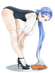 1girl bae_minah_(chaesu) bent_over black_leotard black_shoes blue_eyes blue_hair chaesu commentary english_commentary eyelashes full_body high_heels highres legs leotard long_hair long_legs looking_at_viewer original ponytail puffy_sleeves shadow shoes simple_background sneakers solo stiletto_heels strappy_heels thighhighs thighs unworn_shoes very_long_hair white_background white_thighhighs
