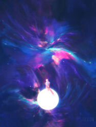 Rule 34 | 1other, crossed legs, dkaism, from behind, full body, glowing, hand on knees, james webb space telescope, mountaintop, night, night sky, orb, original, painterly, scenery, silhouette, sitting, sky, solo, space, standing, star (sky), starry sky, swirl