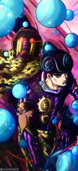 1boy 1other absurdres afro aqua_lips araki_hirohiko_(style) black_hair blue_eyes blue_hair bowler_hat brown_hat cane commentary english_commentary gloves glowing glowing_eyes hat highres holding holding_cane humanoid_robot jojo_no_kimyou_na_bouken jojolion noonvincent purple_gloves purple_shirt red_eyes robot scarf shirt soap_bubbles spiral stand_(jojo) stuffed_animal stuffed_toy sun_print teddy_bear tooru_(jojolion) wonder_of_u yellow_scarf