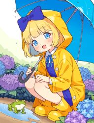 1girl :d blonde_hair blue_bow blue_dress blue_eyes blue_hair blue_ribbon boots bow child coat collared_shirt colored_inner_hair dress frog full_body hair_bow hand_on_own_knee holding holding_umbrella hood hood_up hooded_coat long_sleeves looking_at_viewer medium_hair multicolored_hair neck_ribbon onyhakase open_clothes open_coat open_mouth original outdoors pinafore_dress raincoat ribbon rubber_boots shirt sleeveless sleeveless_dress smile solo squatting two-tone_hair umbrella white_shirt yellow_boots yellow_coat
