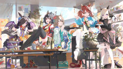 5girls absurdres alarm_clock animal_ears bare_shoulders barefoot black_dress black_footwear black_hair black_thighhighs blue_jacket bodhi_wushushenghua boots bottle breasts brown_eyes brown_hair cake clock curren_chan_(sakutsuki_ma_cherie)_(umamusume) curren_chan_(umamusume) detached_sleeves dress ear_covers food frilled_sleeves frills green_footwear grey_hair hair_between_eyes hair_over_one_eye highres holding holding_bottle holding_plate horse_ears horse_girl horse_tail jacket kitasan_black_(umamusume) large_breasts long_hair long_sleeves medium_breasts medium_hair multiple_girls nice_nature_(run&amp;win)_(umamusume) nice_nature_(umamusume) official_alternate_costume one_eye_closed open_clothes open_jacket open_mouth plate purple_eyes purple_footwear purple_skirt purple_wings red_eyes red_footwear red_hair rice_shower_(make_up_vampire!)_(umamusume) rice_shower_(umamusume) satono_diamond_(floral_star_prosperous_green)_(umamusume) satono_diamond_(umamusume) shirt shoes short_hair short_sleeves skirt small_breasts smile tail thighhighs trophy umamusume white_hair white_shirt white_thighhighs wide_sleeves wings