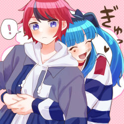 Rule 34 | !, 1boy, 1girl, amemiya darumi, black bow, black hair, blue hair, blush, bow, choker, closed eyes, closed mouth, commentary request, hair bow, heart, hetero, highres, hood, hoodie, hug, jacket, long sleeves, makeup, momo (momo 2muco), multicolored hair, open mouth, red choker, red hair, shirt, sidelocks, sound effects, spoken exclamation mark, streaked hair, striped clothes, striped shirt, sumino takumi, the hundred line -last defense academy-, twintails, white hoodie