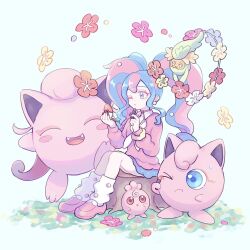 1girl blue_skirt cardigan choker comfey creatures_(company) fairy_miku_(project_voltage) flower game_freak gen_1_pokemon gen_2_pokemon gen_7_pokemon hair_flower hair_ornament hatsune_miku heart heart_choker highres igglybuff jigglypuff leg_warmers lipstick long_hair makeup multicolored_hair nail_polish nintendo one_eye_closed pink_cardigan pink_nails pink_shoes pokemon pokemon_(creature) project_voltage scream_tail scrunchie shoes sitting_on_tree_stump skirt twintails two-tone_hair very_long_hair vocaloid wrist_scrunchie yumenosippo
