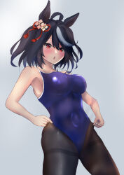 Rule 34 | 1girl, absurdres, ahoge, alternate costume, animal ears, aramocyaillust, armpits, black hair, black pantyhose, blue one-piece swimsuit, blush, commentary request, cowboy shot, hair between eyes, highres, horse ears, horse girl, horse tail, kitasan black (umamusume), multicolored hair, one-piece swimsuit, open mouth, pantyhose, pantyhose under swimsuit, red eyes, short hair, simple background, solo, streaked hair, swimsuit, tail, two side up, umamusume, white background, white hair
