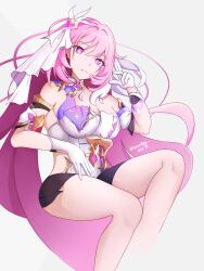1girl absurdres artist_name black_shorts breasts cleavage commentary corset dated diamond-shaped_pupils diamond_(shape) elysia_(herrscher_of_human:_ego)_(honkai_impact) elysia_(honkai_impact) gloves highres honkai_(series) honkai_impact_3rd large_breasts long_hair minionboy parted_lips pink_hair purple_eyes short_shorts shorts simple_background solo symbol-shaped_pupils thighs triquetra veil very_long_hair white_background white_corset white_gloves white_veil