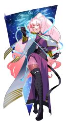 1girl black_boots boots breasts dress duel_monster exosister_martha full_body high_ponytail highres holding holding_whip huge_breasts lace-up_boots long_hair pink_hair ponytail purple_dress seisei_neko solo thigh_boots very_long_hair yu-gi-oh!