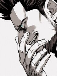 1boy beard bloodshot_eyes blue_eyes boku_no_hero_academia endeavor_(boku_no_hero_academia) facial_hair greyscale hand_over_face highres looking_ahead male_focus mature_male monochrome profile sanpaku sashimi_oran short_hair sideburns sideburns_stubble solo spiked_hair spot_color stubble thick_beard tsurime