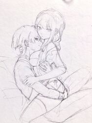 1boy 1girl alternate_costume blunt_bangs blunt_ends breasts closed_mouth expressionless eyelashes genshin_impact graphite_(medium) hand_on_another&#039;s_arm hand_on_another&#039;s_ass hand_on_another&#039;s_back hand_on_another&#039;s_nape highres hug huiyue1016 incest large_breasts lingerie long_hair long_sleeves looking_at_viewer low-braided_long_hair low-tied_long_hair mole mole_under_eye mother_and_son off_shoulder panties pants raiden_shogun scaramouche_(genshin_impact) shirt side-tie_panties sideways_mouth single_sidelock sitting sleeve_cuffs smile straddling thighhighs traditional_media tsurime underwear upright_straddle