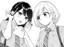 2girls blush breast_pocket collared_shirt commentary_request diagonal-striped_clothes diagonal-striped_necktie feeding food food_bite greyscale hand_up hijiki_(hijikini) holding holding_food long_hair monochrome multiple_girls murasaki_hinoka necktie official_art open_mouth parted_bangs pocket school_uniform shirt short_hair striped_clothes sugiyama_tsukushi swept_bangs taiyaki upper_body wagashi wing_collar yume_de_furarete_hajimaru_yuri yuri