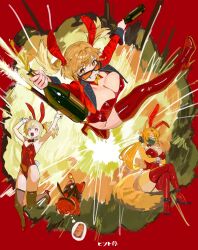 3girls alternate_costume animal_ears armpits arms_up blonde_hair body_fur boots bottle bow bowtie breasts burnice_white cat_ears cat_girl cat_tail cleavage closed_eyes cropped_jacket crossed_arms detached_collar explosion fake_animal_ears furry furry_female glass_bottle high_heel_boots high_heels highleg highleg_leotard highres hintobento holding holding_bottle jacket large_breasts leotard looking_at_viewer multiple_girls open_clothes open_jacket open_mouth orange-tinted_eyewear piper_wheel playboy_bunny ponytail pulchra_fellini rabbit_ears red_bow red_bowtie red_jacket red_leotard side_ponytail spoken_food sunglasses tail thigh_boots thighs tinted_eyewear two_side_up wide-eyed zenless_zone_zero