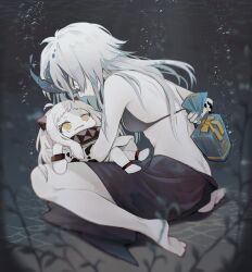 Rule 34 | 2girls, abyssal ship, air bubble, bare arms, bare shoulders, barefoot, bikini, black bikini, black horns, blue eyes, breasts, bubble, butt crack, closed mouth, colored skin, dress, gift, highres, holding, holding gift, horns, kantai collection, long hair, medium breasts, multiple girls, ne-class heavy cruiser, northern ocean princess, open mouth, ruohire9, single horn, swimsuit, underwater, white dress, white hair, white skin, yellow eyes
