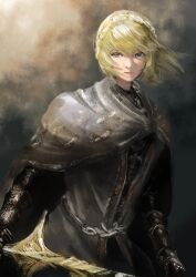 1girl absurdres armor asaki_(asaki_vision) blonde_hair blue_eyes elden_ring full_armor highres holding holding_sword holding_weapon knight needle_knight_leda short_hair solo sword weapon