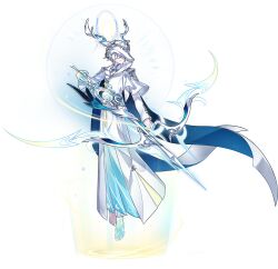 1boy arrow_(projectile) artist_request barefoot blue_cloak blue_skirt bow_(weapon) cloak covered_eyes crystal_skin drawing_bow elcor elsword fake_antlers fighting_stance floating full_body hair_between_eyes helmet highres holding holding_arrow holding_bow_(weapon) holding_weapon hood hood_down hooded_cloak layered_sleeves long_skirt long_sleeves magic moon_phases moon_print noah_ebalon official_art pale_skin pleated_skirt robe second-party_source short_hair short_over_long_sleeves short_sleeves skirt solo standing starry_sky_print tachi-e toes transparent_background two-sided_cloak two-sided_fabric weapon white_cloak white_hair white_helmet white_robe