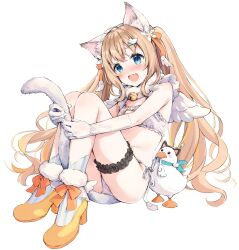1girl animal_ear_fluff animal_ears bell blonde_hair blue_eyes blush boots breasts cat_cutout cat_ears cat_lingerie cat_tail cleavage_cutout clothing_cutout duck_hair_ornament elbow_gloves embarrassed fake_animal_ears fake_tail flat_chest flower frilled_thigh_strap fur_collar fur_trim gloves hair_flower hair_ornament hair_ribbon high_heel_boots high_heels highres hugging_own_legs lingerie long_hair mascot meme_attire navel neck_bell open_mouth panties petite ribbon shirana_tamana side-tie_panties socks solo striped_clothes striped_socks sweat tail thigh_strap thighs twintails underwear varium virtual_youtuber watamiya_ahiru white_background white_gloves wing_hair_ornament wings