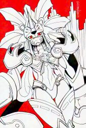1girl 48mokopon amaterasumon bodysuit breasts claw_(weapon) cowboy_shot digimon digimon_(creature) gauntlets greyscale_with_colored_background highres horns red_background red_eyes simple_background single_horn solo twitter_username weapon