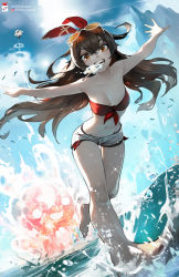 2girls amber_(genshin_impact) baron_bunny_(genshin_impact) beach bikini blue_sky breasts brown_eyes brown_hair cleavage contrail day feet food food_in_mouth foreshortening full_body genshin_impact hair_ornament highres ice_cream long_hair looking_at_viewer medium_breasts multiple_girls nikusenpai ocean outstretched_arms paimon_(genshin_impact) red_bikini short_shorts shorts sky smile sonic_boom_(speed) splashing spread_arms swimsuit teeth thighs wading water_drop