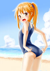 1girl ass beach blue_sky blush breasts cloud highres idolmaster idolmaster_cinderella_girls loli mebachi_maguro_(trok_mebachi) ocean orange_eyes orange_hair ponytail sand school_swimsuit sky small_breasts swimsuit tagme yuuki_haru