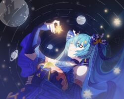 Rule 34 | 1girl, bare shoulders, blue dress, blue eyes, blue gloves, blue hair, bow, choker, constellation, detached sleeves, dress, fingerless gloves, frills, gloves, hair between eyes, hair ornament, hair ribbon, hatsune miku, highres, holding, long hair, looking to the side, lying, on back, open mouth, planet, ribbon, ribbon choker, snowflake hair ornament, solo, space, star (sky), star (symbol), star hair ornament, starry sky background, starry sky print, striped ribbon, theazureciel, twintails, vocaloid, yuki miku, yuki miku (2017)