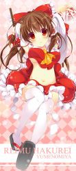 1girl arms_up bare_shoulders blush bow breasts brown_hair character_name detached_sleeves female_focus gohei hair_bow hair_tubes hakurei_reimu haraegushi highres navel ofuda oonusa red_eyes sash solo thighhighs touhou underboob white_thighhighs yumemiya_subaru