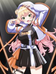 1girl :3 arm_up black_dress blonde_hair blush breasts character_name cleavage clothes_writing collarbone commentary cropped_jacket crossed_bangs double_bun dress english_commentary fang gradient_hair green_eyes hair_bun hand_up headset highres hololive hood hood_up hooded_jacket izuko_(iduko3) jacket large_breasts long_sleeves looking_at_viewer microphone momosuzu_nene multicolored_hair nail_polish o-ring o-ring_thigh_strap official_alternate_costume open_clothes open_jacket open_mouth orange_nails see-through_clothes see-through_dress short_dress sidelocks smile solo thigh_strap two_side_up virtual_youtuber white_jacket