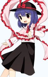 1girl ascot black_hat black_skirt bow capelet commentary frilled_capelet frilled_shawl frills hat hat_bow highres long_sleeves looking_at_viewer nagae_iku open_mouth purple_hair red_ascot red_bow red_eyes shawl short_hair simple_background skirt solo touhou white_background yamadainari