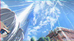 1girl advarcher architecture blue_hair blue_sky blunt_bangs building cloud crack cracked_glass day dublin gawr_gura highres hololive hololive_english multicolored_hair out_of_frame real_world_location scenery sky solo streaked_hair tree two_side_up virtual_youtuber white_hair