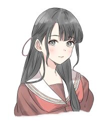 Rule 34 | 1girl, animification, bien (djpwjd1), black hair, blunt bangs, blush, brown dress, closed mouth, commentary, cropped shoulders, dress, grey eyes, hair ribbon, hasu no sora school uniform, highres, link! like! love live!, love live!, neckerchief, nonaka kokona, real life, red neckerchief, red ribbon, ribbon, sailor collar, sailor dress, school uniform, simple background, smile, solo, symbol-only commentary, voice actor, white background, white sailor collar, winter uniform