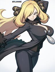 1girl ai-generated black_coat black_pants black_shirt blonde_hair breasts cleavage coat cowboy_shot cynthia_(pokemon) denim grey_background grey_hair hair_over_one_eye highres large_breasts long_hair nintendo pants pokemon pokemon_dppt shirt simple_background solo twitter_username white_background ylvanne