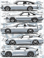 car evolution from_side greyscale highres markaryan monochrome motor_vehicle mount_fuji no_humans original spoiler_(automobile) sports_car torii toyota toyota_supra toyota_supra_mk_i toyota_supra_mk_ii toyota_supra_mk_iii toyota_supra_mk_iv toyota_supra_mk_v vehicle_focus