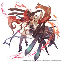 1girl black_shoes closed_mouth copyright_notice full_body glasses long_hair noire_(othellonia) official_art othellonia pointy_ears red_hair round_eyewear shoes simple_background so-taro solo tail thigh_strap very_long_hair white_background