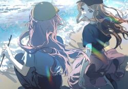 2girls artist_request bang_dream! bang_dream!_it&#039;s_mygo!!!!! baseball_cap black_hat black_pants black_shirt brown_hair chihaya_anon commission day floating_hair grey_eyes hat lens_flare long_hair looking_at_another multiple_girls nagasaki_soyo ocean open_mouth outdoors pants pink_skirt second-party_source shirt short_sleeves sitting skirt smile sparkle white_shirt