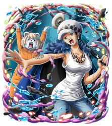 2girls arm_tattoo arms_up bear bepo_(one_piece) black_hair blonde_hair blush_stickers breast_tattoo breasts cape cleavage collarbone commentary denim earrings english_commentary fur_cape fur_hat genderswap genderswap_(mtf) hand_tattoo hat holding holding_sword holding_weapon jeans jewelry jumpsuit large_breasts multiple_girls official_art one_piece one_piece_treasure_cruise open_mouth orange_jumpsuit pants polar_bear submarine sword tank_top tattoo trafalgar_law trafalgar_law_(female) watercraft weapon white_tank_top
