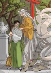 2boys animal_ear_fluff animal_ears black_eyes broom brown_hair centauroid closed_mouth fang fang_out fox_boy fox_ears fox_tail full_body gradient_hair green_hakama grey_hair hakama hakama_pants hands_on_another&#039;s_shoulders hands_up holding holding_broom ishikirimaru japanese_clothes kitsune kogitsunemaru komainu kyou_zuki kyuubi long_hair long_sleeves looking_at_another looking_down male_focus miko monster_boy monsterification multicolored_hair multiple_boys multiple_tails open_mouth outdoors pants sandals shadow short_hair smile standing statue tabi tail taur torii touken_ranbu tree white_hair wide_sleeves