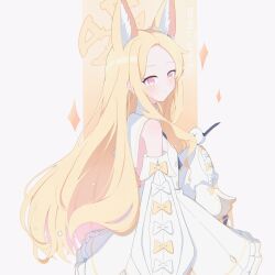 Rule 34 | 1girl, 2406219391, absurdres, animal ear fluff, animal ears, backless dress, backless outfit, bird, blonde hair, blue archive, blush, commentary request, cowboy shot, detached sleeves, dress, from side, halo, highres, large forehead, long hair, long sidelocks, looking at viewer, multicolored eyes, parted lips, pink eyes, sailor collar, sailor dress, seia (blue archive), sidelocks, sleeves past fingers, sleeves past wrists, smile, solo, turning head, two-tone eyes, very long hair, white background, white dress, white sailor collar, yellow background, yellow eyes, yellow halo