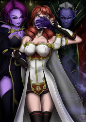1boy 2girls absurdres armor black_gloves black_skirt black_thighhighs breastplate breasts cape captured celica_(fire_emblem) choker cleavage dress earrings fingerless_gloves fire_emblem fire_emblem_echoes:_shadows_of_valentia gloves hestia_(fire_emblem) highres hollow_eyes jedah_(fire_emblem) jewelry large_breasts lipstick long_hair makeup medium_breasts multiple_girls nintendo orange_eyes orange_hair princess purple_hair red_eyes red_hair restrained robe short_hair skirt sleepy sleepycomics solo_focus thighhighs thighs tiara white_armor white_dress white_hair witch wizard