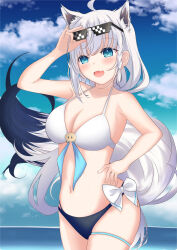 1girl absurdres ahoge alternate_costume animal_ear_fluff animal_ears arm_up bikini blue_eyes blush braid breasts cleavage collarbone eyewear_on_head fox_ears fox_girl fox_tail hand_on_own_hip highres holding holding_removed_eyewear hololive large_breasts long_hair navel open_mouth shirakami_fubuki side_braid smile stomach swimsuit tail tukimotii unworn_eyewear virtual_youtuber white_bikini white_hair