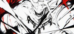 1boy 3gs chest_markings close-up colored_skin eyes_on_wings facing_viewer grin highres jujutsu_kaisen looking_at_viewer mahoraga_(jujutsu_kaisen) monster no_eyes no_nose open_mouth shikigami slicing smile teeth white_skin wings