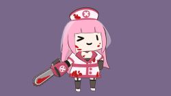 1girl 3d black_legwear blood blood_on_clothes blood_on_face blood_splatter blunt_bangs chainsaw chibi commentary english_commentary full_body garter_straps hat highres hololive hololive_english long_hair looking_at_viewer mori_calliope nurse nurse_cap one_eye_closed pink_hair purple_background seafoamboy simple_background smile smol_calli standing veil virtual_youtuber walfie_(style) |_|