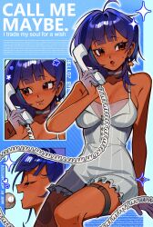 1girl :o ahoge artist_name bare_shoulders blue_background blue_hair blush breasts choker closed_eyes closed_mouth collarbone colored_extremities commentary commission corded_phone dark-skinned_female dark_skin dress earrings english_commentary english_text erinartista face_piercing fingernails hand_up heart highres holding holding_phone jewelry labret_piercing long_fingernails looking_to_the_side medium_breasts medium_hair mole mole_under_eye multiple_views open_mouth orange_eyes original phone piercing sitting sleeveless sleeveless_dress small_sweatdrop smile sparkle thigh_strap twitter_username vgen_commission white_choker white_dress