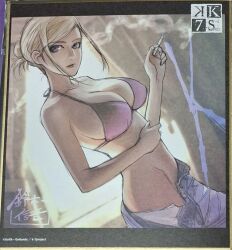 1girl artist_request awashima_seri bikini blonde_hair blue_eyes breasts cigarette cleavage clothes_pull k-project large_breasts looking_at_viewer no_panties official_art pants pants_pull pink_bikini pov sideboob smoke smoking solo standing swimsuit unbuttoned unzipped