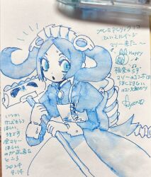 Rule 34 | 1girl, :&gt;=, apron, ballpoint pen (medium), bloody marie (skullgirls), brooch, dress, frilled apron, frilled dress, frills, hair ornament, highres, japanese text, jewelry, juliet sleeves, long sleeves, looking to the side, maid headdress, open mouth, painting (medium), pen (medium), puffy sleeves, ryantoruhuhu, skull hair ornament, skullgirls, solo, sweat, traditional media, twintails, watercolor (medium)