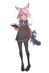 1girl absurdres alternate_costume animal_ear_fluff animal_ears bag black_pantyhose black_shoes blue_archive blue_bow blue_eyes blue_skirt blunt_ends blush book bow brown_bag brown_sweater_vest fox_ears fox_girl glasses highres holding holding_bag holding_book looking_at_viewer medium_hair nammmmer niko_(blue_archive) open_mouth pantyhose pink_hair plaid_clothes plaid_skirt shirt shoes sidelocks skirt solo sweater_vest wavecat_(blue_archive) white_shirt