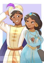 1boy 1girl aladdin_(disney) aladdin_(movie) arabian_clothes black_hair breasts brown_eyes brown_hair cleavage dark-skinned_female dark_skin earrings highres jasmine_(disney) jewelry long_hair off_shoulder pants smile takatmaorange very_long_hair