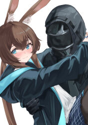Rule 34 | 1girl, 1other, absurdres, amiya (arknights), animal ears, arknights, arms around neck, black jacket, black pantyhose, blue eyes, blush, brown hair, carrying, carrying person, closed mouth, commentary, doctor (arknights), hair between eyes, highres, hood, hood down, hood up, hooded jacket, jacket, long hair, pantyhose, princess carry, remapack77, sidelocks, simple background, smile, white background